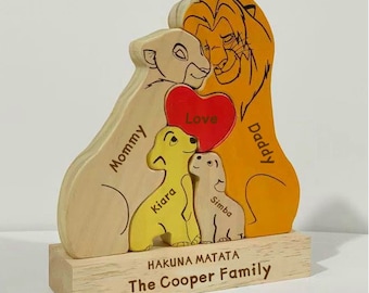 Regalo del Día de la Madre, Rompecabezas de leones tallados en madera, Rompecabezas de todos los miembros de la familia juntos, Rompecabezas personalizado de la familia de leones de madera, Decoración del hogar