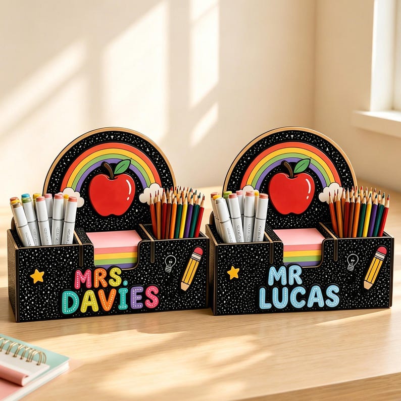 Op de afbeelding: Twee zwarte houten bureau-organizers met een gespikkeld patroon, elk voorzien van een regenboog en rode appel. De een is gepersonaliseerd met 'MRS. DAVIES' en de ander met 'MR. LUCAS' in kleurrijke letters. Beide bevatten stiften en notitieblokjes.