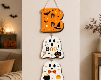 Halloween BOO Wooden Door Hanger , Ghost Front Door Sign, Spooky Fall Porch Decor, Halloween Wall Hanging, Trick Or Treat Home Decoration