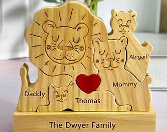 Rompecabezas de madera con forma de león, rompecabezas con nombre personalizado, decoración del hogar, juguete de madera, rompecabezas familiar, regalo personalizado, regalo para ella, regalo de madera.