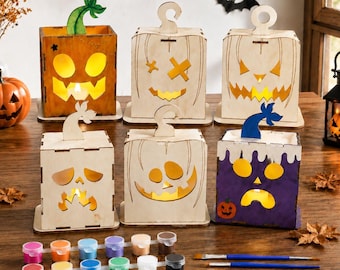 DIY Unfinished Wooden Pumpkin Lantern Kit , Paint Your Own Jack‑O‑Lantern, Halloween Wood Craft Kit, Halloween Activity, Halloween Decor