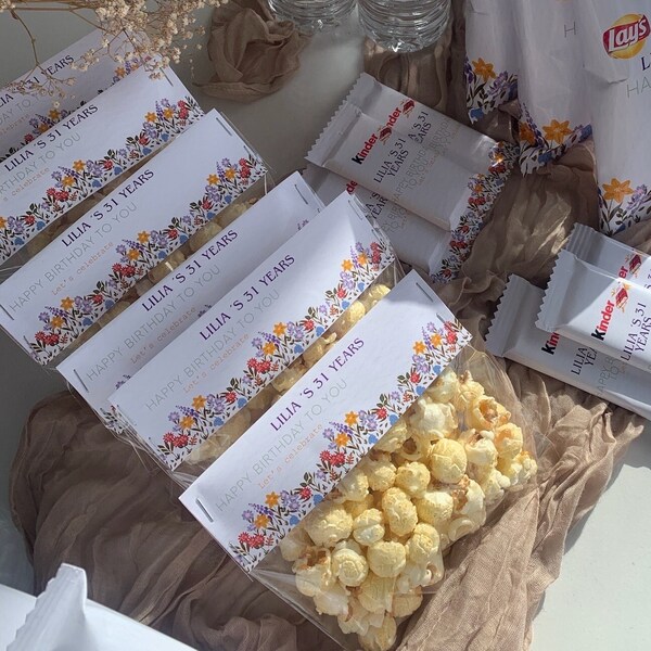 Sachet transparent personnalisé - Bonbon Popcorn - autres friandises - Cadeau personnalisé, Anniversaire, Mariage, Baptême, Cadeau invité