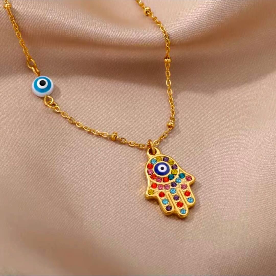 Hamsa Hand Evil Eye Protection Necklace, Stainless Steel Choker Islamic ...