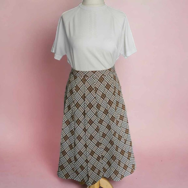70s 80s True Vintage Brown Check Pleated Skirt - UK 10 - Workwear
