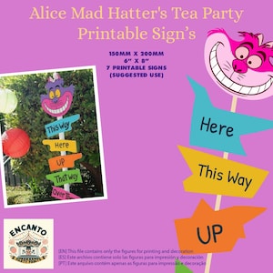 Carteles de flechas imprimibles de Alicia en el País de las Maravillas para Fiesta de Cumpleaños, Decoración de la Fiesta del Té