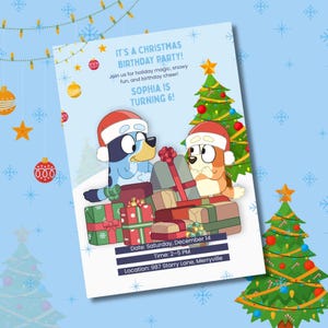 Invitación Digital de Cumpleaños Navideño Bluey | Plantilla Canva Editable | Fiesta Infantil de Navidad