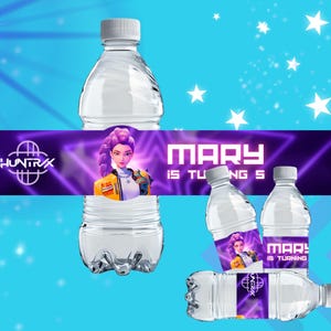 May include: Clear plastic water bottles with white caps. Each bottle has a purple label with the text "MARY IS TURNING S" and a graphic of a woman with purple hair. The background is blue with white stars.