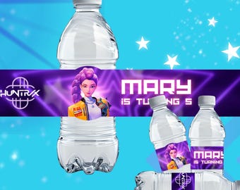 Etykiety na butelki z wodą KPOP Demon Hunters | Huntrix & Saja Boys | Edytowalna impreza Canva
