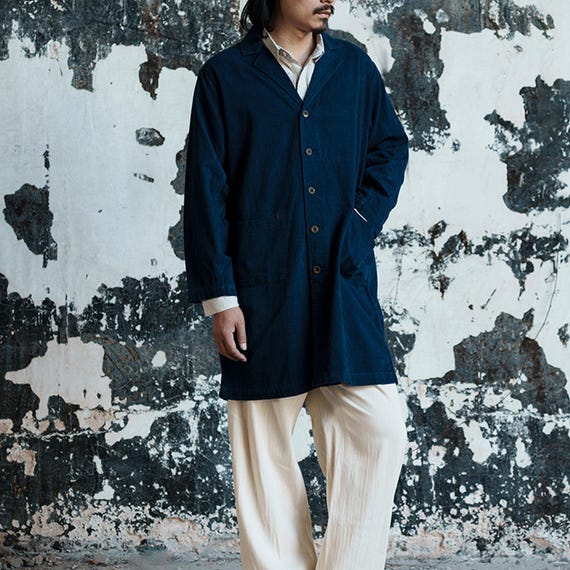 Indigo Dyed Long Coat – Vintage Workwear Style Japanese Inspired Jacket, Handmade Artisan Outerwear