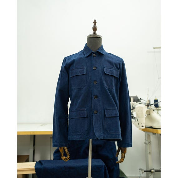 Vintage Herringbone Indigo Jacket Men Autumn Winter New Lapel Multi-pocket Blue Dyed French Workwear Jacket Casual Cardigan Coat