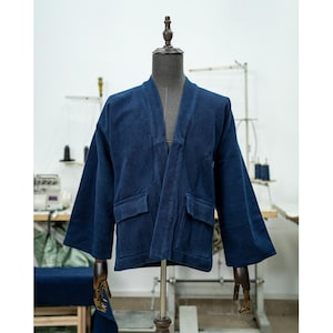 Japanese Vintage Heavy Kendo Indigo kimono Robe Men Spring Autumn Cotton Multi-pocket Raglan Sleeve Jacket Casual Cardigan Coat