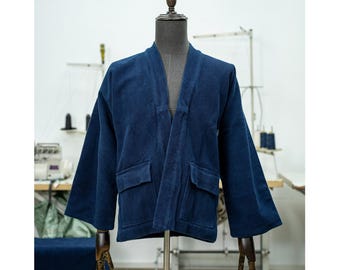 Japanese Vintage Heavy Kendo Indigo kimono Robe Men Spring Autumn Cotton Multi-pocket Raglan Sleeve Jacket Casual Cardigan Coat