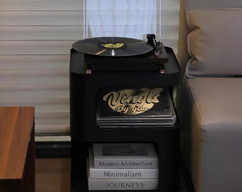 Mueble para discos de vinilo, color negro, soporte para tocadiscos y exhibición de LP.