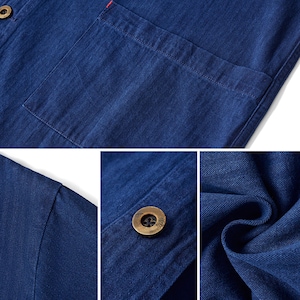 May include: Close-up shots of a dark blue shirt with a pocket and a button. The shirt has a textured fabric with a subtle herringbone pattern. The button is a bronze color. The stitching is visible, with a red accent near the collar.