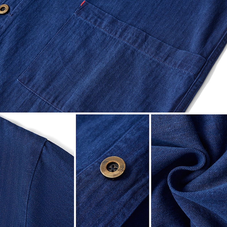 May include: Close-up shots of a dark blue shirt with a pocket and a button. The shirt has a textured fabric with a subtle herringbone pattern. The button is a bronze color. The stitching is visible, with a red accent near the collar.