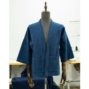 Indigo Dyed Japanese Style Kimono Cotton And Linen Fabric Japanese Vintage Robe Men&#39;s Jacket