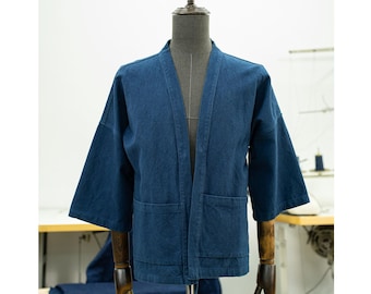 Indigo Dyed Japanese Style Kimono Cotton And Linen Fabric Japanese Vintage Robe Men's Jacket