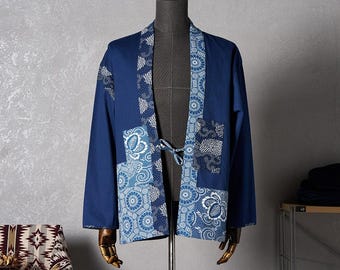 Chaqueta kimono teñida índigo / Abrigo ligero de tejido kendo / Abrigo japonés de patchwork / Cárdigan bohemio unisex