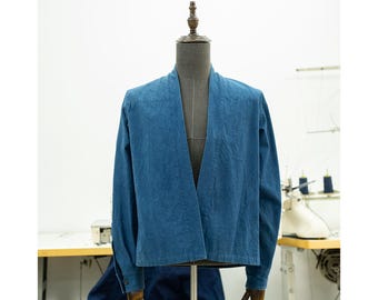 Vintage Indigo Blue Dyeing  Kimono-StyleWorkwear Shirt Jacket  Narrow Cuff Jacket Wash Shirt  Coat