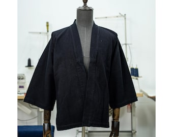 Vintage Japanese Kendo Indigo Dye Jacket 600g Heavy Men'S Black Solid Color Coat Sashiko Fabric Robe Plant-Dyed Ink-Dyed Kimono