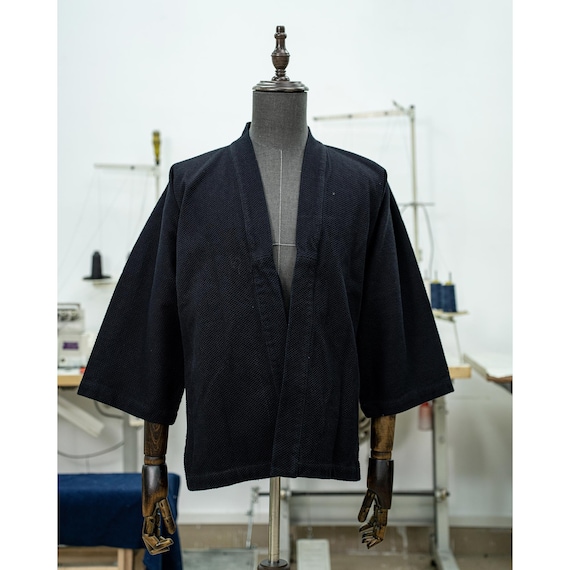 Vintage Japanese Kendo Indigo Dye Jacket 600g Heavy Men'S Black Solid Color Coat Sashiko Fabric Robe Plant-Dyed Ink-Dyed Kimono