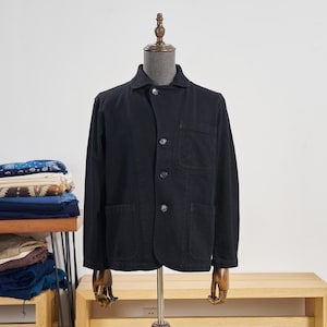 Vintage Indigo Dyed Japanese Work Jacket – Handmade Sashiko Stitching, Natural Dyes, Artisan Black Coat, Wabi Sabi Style Outerwear