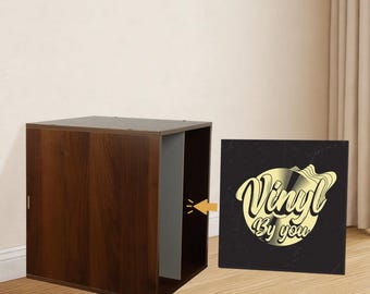 Caja cúbica de madera apilable para guardar discos de vinilo y álbumes.