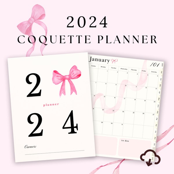 2024 Coquette Bow Digital Planner, Goodnotes iPad Planner with 2024 Dated; Daily and weekly planner, Hyperlinked Digital Planner