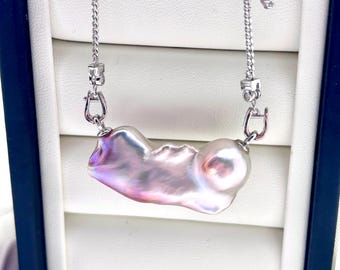 Fireball Baroque Pearl Pendant Necklace: 925 Silver, Rainbow Luster