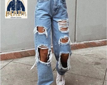 Jeans rasgados para mujer / Streetwear Hip Hop / Pantalones de cintura alta