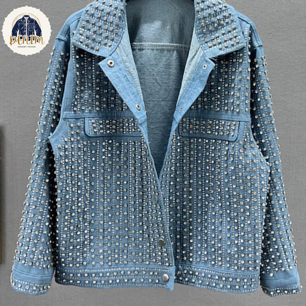 Oversized Rhinestone Denim Jacket | Long Sleeve Denim Jacket | Party Outfit | Women's Fashion