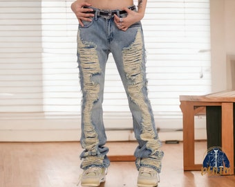 Ripped Denim Jeans | Long Wide Pants | Fashionable Outwear Style