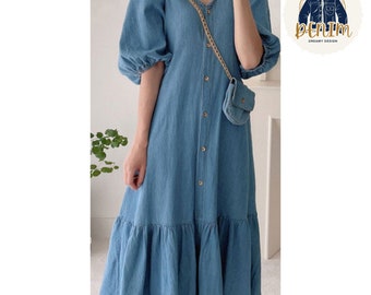 Fashionable Oversized Denim Long Dress | Loose V Neck Puff Sleeve Style