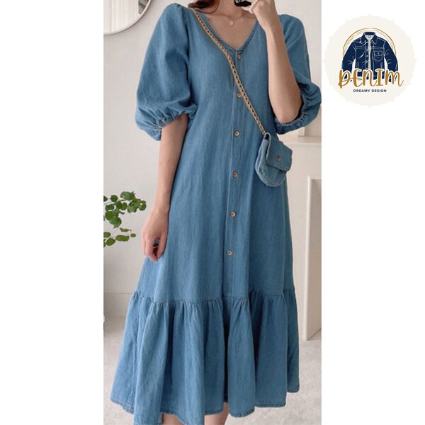 Fashionable Oversized Denim Long Dress | Loose V Neck Puff Sleeve Style