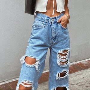 Women's Ripped Jeans Streetwear Hip Hop High Waist Pants zdjęcie 5