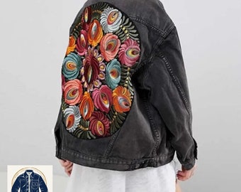 Floral Denim Long Sleeve Jacket | Oversized Lapel Jeans Coat | Streetwear Style