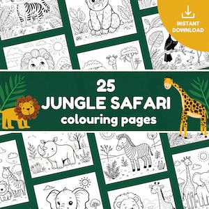 Libro para colorear de animales de la jungla Páginas de safari imprimibles Libro electrónico de actividades para niños Educación en el hogar Preescolar Aprendizaje Diversión Tema de safari Colorear Aventura Niño