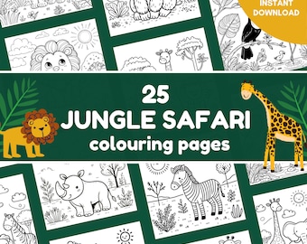 Puede incluir: Un conjunto de 25 páginas para colorear en blanco y negro con animales de la selva, incluyendo un león, una jirafa, una cebra, un rinoceronte, un elefante, un gorila y un tigre. El texto "25 JUNGLE SAFARI colouring pages" está en la parte superior de la imagen.
