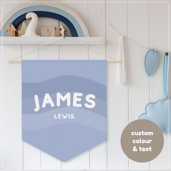 Custom Baby Name Sign Blue Wavy Wall Decor Personalized Pennant Nursery Bunting Boy Bedroom Banner Kids Room Decor Custom Flag New Baby Gift