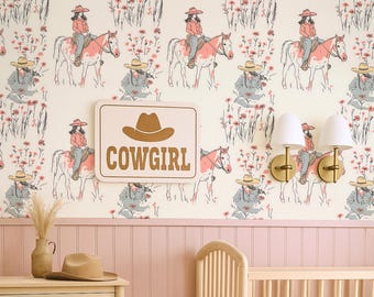 Pink Cowgirl Wallpaper Mural: Wild West Girls Room Decor, Peel and Stick