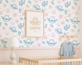 Coastal Cowgirl Nursery Wallpaper: Pink & Blue Sea Shell, Cactus, Cowboy Hats Mural