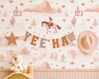 Vintage Cowgirl Wallpaper: Pink Western Nursery Decor, Rodeo Horse Mural Peel & Stick