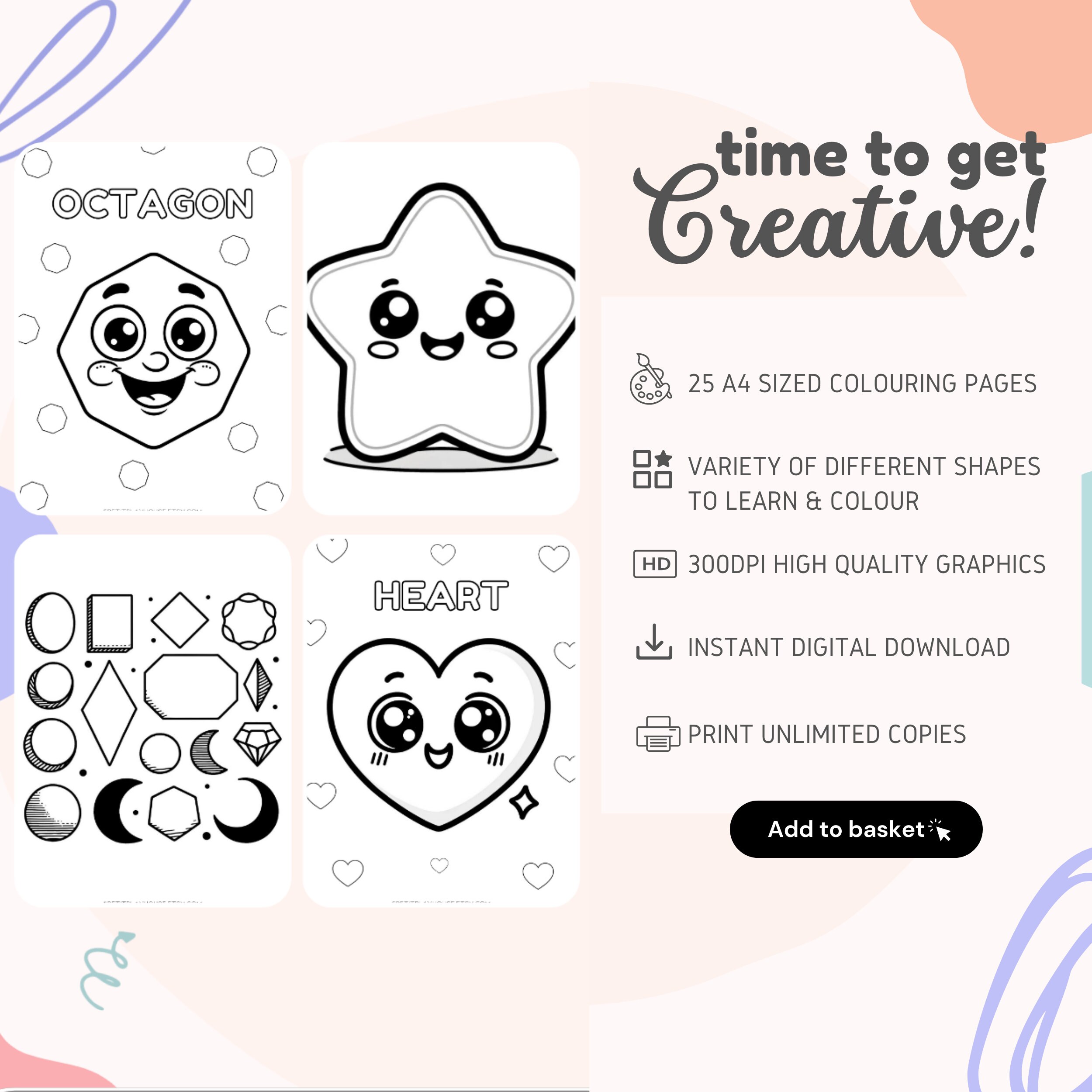 Shape learning coloring book kids printable activity page toddler