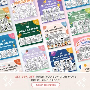 Peut inclure: Un collage d'images color&eacute;es annon&ccedil;ant des pages &agrave; colorier pour enfants. Les images incluent des th&egrave;mes tels que Halloween, les sports olympiques, la jungle safari, la culture et la diversit&eacute;, les f&eacute;es et les licornes, l'espace et les plan&egrave;tes, les voitures et les transports, sous la mer, la rentr&eacute;e scolaire et l'environnement et le recyclage. Le texte sur les images indique "Obtenez 25% de r&eacute;duction lorsque vous achetez 3 pages &agrave; colorier ou plus&nbsp;! Lien dans la description."