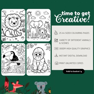 May include: A digital download featuring four coloring pages with line art of a lion, giraffe, elephant, zebra, toucan, and gorilla. The image includes the text "time to get Creative!" and details about the product.