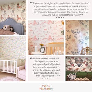 May include: Various nursery wallpapers with different patterns are displayed. One features cowboys on horses, another has a desert landscape, and others showcase butterflies, cacti, and cowboy hats. The wallpapers are in soft pastel colors.