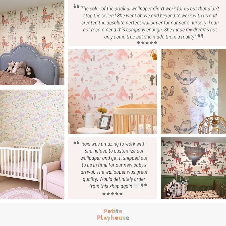 May include: Various nursery wallpapers with different patterns are displayed. One features cowboys on horses, another has a desert landscape, and others showcase butterflies, cacti, and cowboy hats. The wallpapers are in soft pastel colors.