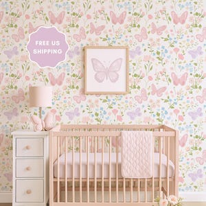Butterfly Nursery Wallpaper: Pink & Lilac Floral Wall Mural, Peel and Stick