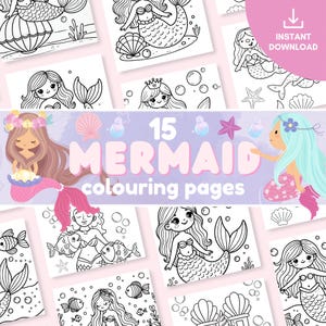 May include: 15 black and white mermaid colouring pages. Each page features a different mermaid design with details like seashells, bubbles, and starfish.