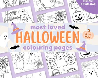 May include: A collection of Halloween-themed coloring pages with various illustrations, including pumpkins, ghosts, witches, and bats. The words "Most Loved Halloween Colouring Pages" are displayed in orange. The image also includes the text "Instant Download".